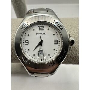 PHONAK Hearing Systems Mens Watch 40MM 7" Silver Tone Date‎ Swiss New Battery V
